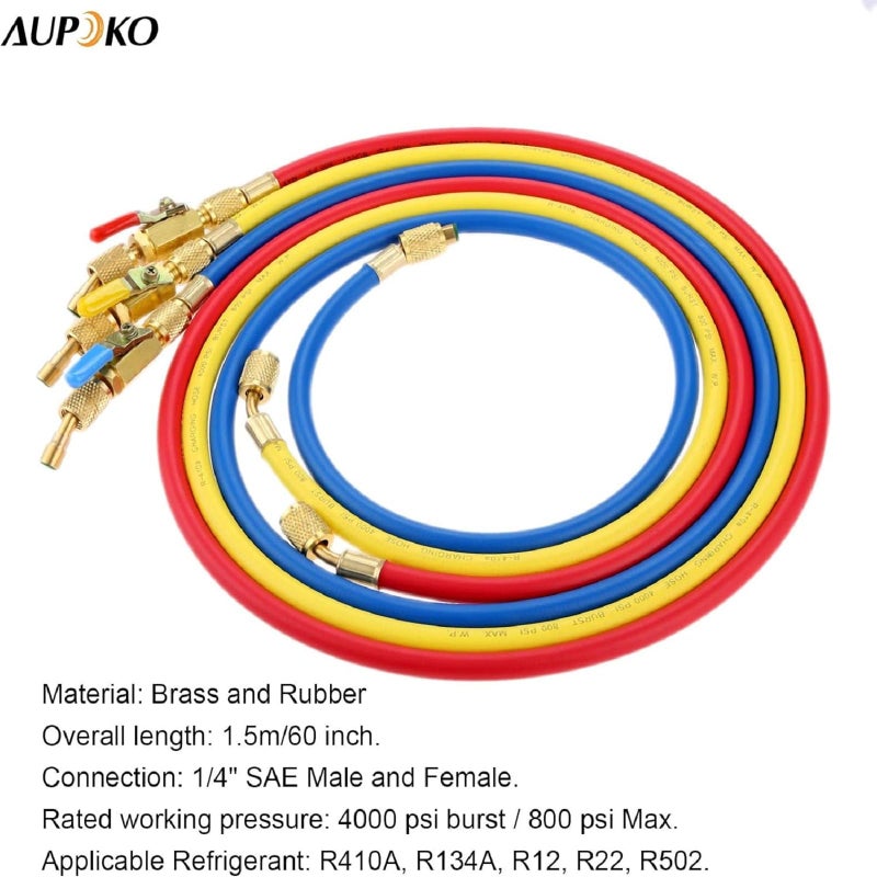Aupoko Refrigerant A/C Charging Hoses with Ball Valves, 3-Color 60" R410A HVAC 1/4" SAE 800 PSI Working Pressure, Fit for R134A R12 R22 R502 R404 Coolant Adding and Air Condition Maintenance - Image 4